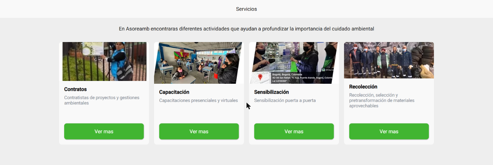 Pantalla de servicios de la app de ASOREAMB: contratos, capacitación, sensibilización y recolección